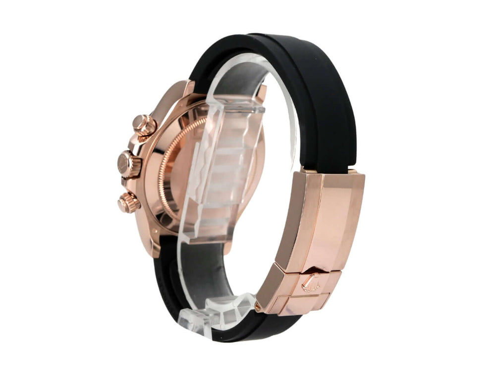 Rolex Daytona Everose-Gold 116515LN Sundust Oysterflex seitliche Ansicht mit schwarzem Oysterflex-Armband.