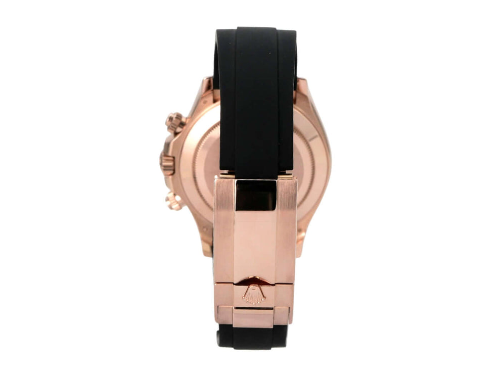 Rolex Daytona Everose-Gold 116515LN Sundust Oysterflex Uhrenansicht von hinten mit schwarzem Oysterflex-Armband.