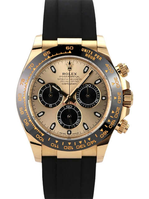 Rolex Daytona 116518LN Gelbgold Oysterflex Champagnerfarben mit schwarzem Oysterflex-Band und Champagnerfarbenem Zifferblatt.