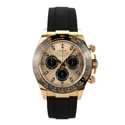 Rolex Daytona 116518LN Gelbgold Oysterflex Champagnerfarben mit schwarzem Band und goldfarbenem Zifferblatt