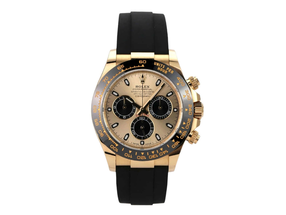 Rolex Daytona 116518LN Gelbgold Oysterflex Champagnerfarben mit schwarzem Band und goldfarbenem Zifferblatt