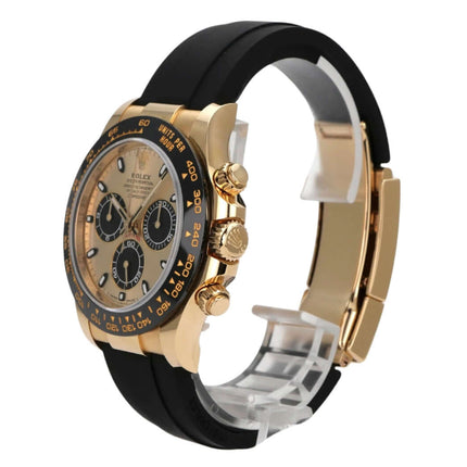 Rolex Daytona 116518LN Gelbgold Oysterflex Champagnerfarben Uhr mit schwarzem Band und champagnerfarbenem Zifferblatt