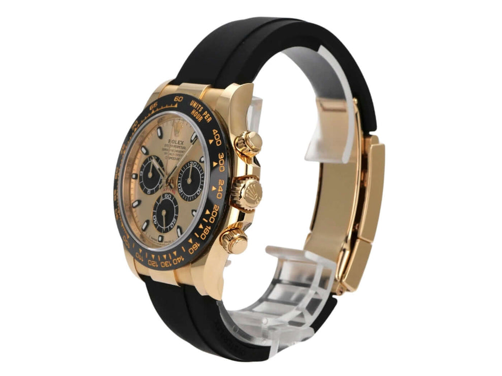 Rolex Daytona 116518LN Gelbgold Oysterflex Champagnerfarben Uhr mit schwarzem Band und champagnerfarbenem Zifferblatt