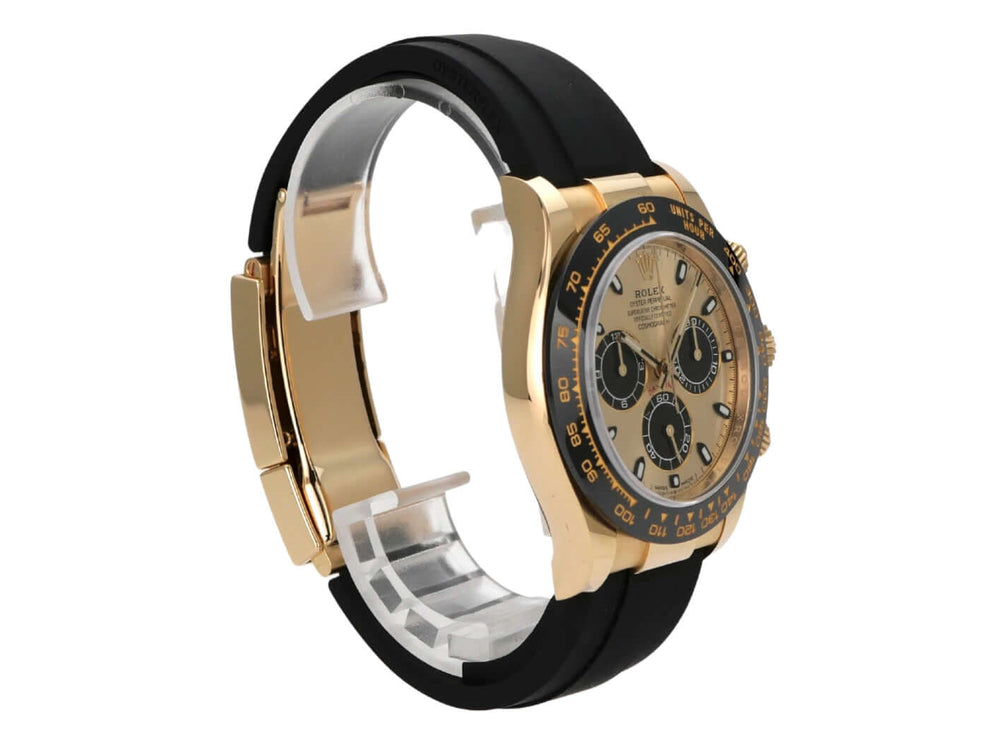 Rolex Daytona 116518LN Gelbgold Oysterflex Champagnerfarben detailreiche Ansicht mit schwarzem Band