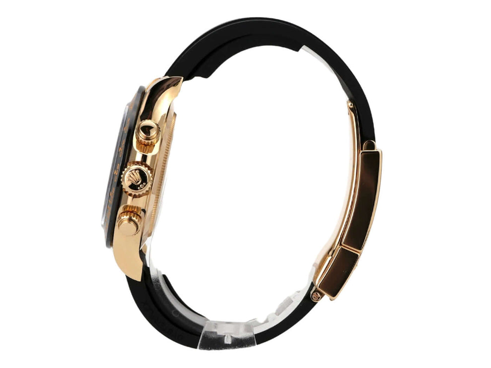 Rolex Daytona 116518LN Gelbgold Oysterflex Champagnerfarben seitliche Ansicht des Gehäuses und Armbands.