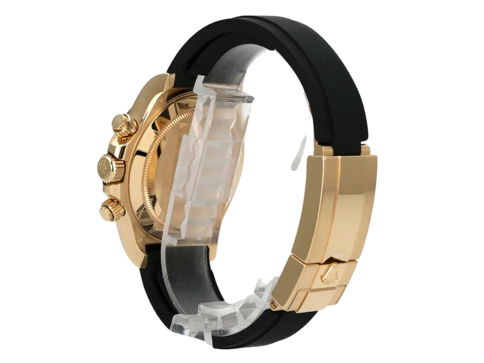 Rolex Daytona 116518LN Gelbgold Oysterflex Champagnerfarben seitliche Ansicht der Uhr mit schwarzem Band.