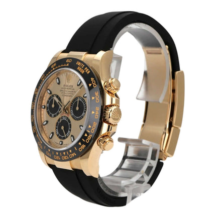 Rolex Daytona 116518LN in Gelbgold mit schwarzem Oysterflex-Armband und champagnerfarbenem Zifferblatt, 2020.