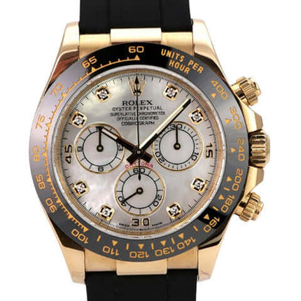 Rolex Daytona 116518LN Gelbgold Oysterflex Perlmutt Diamant mit schwarzem Band und Perlmutt-Diamantzifferblatt.