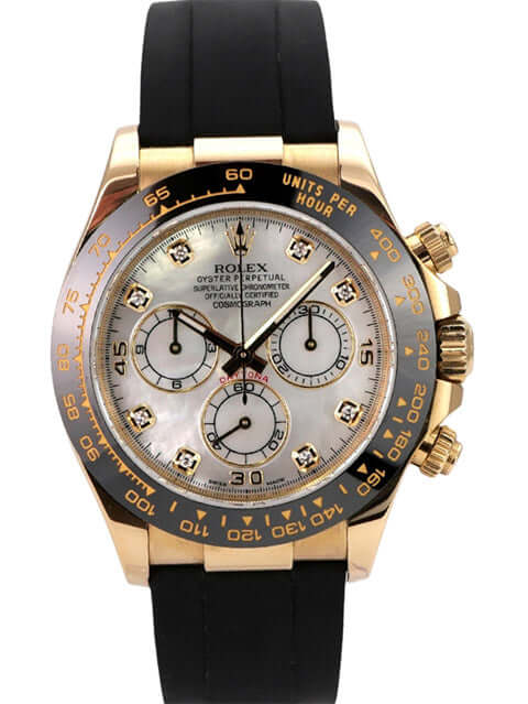 Rolex Daytona 116518LN Gelbgold Oysterflex Perlmutt Diamant mit schwarzem Band und Perlmutt-Diamantzifferblatt.
