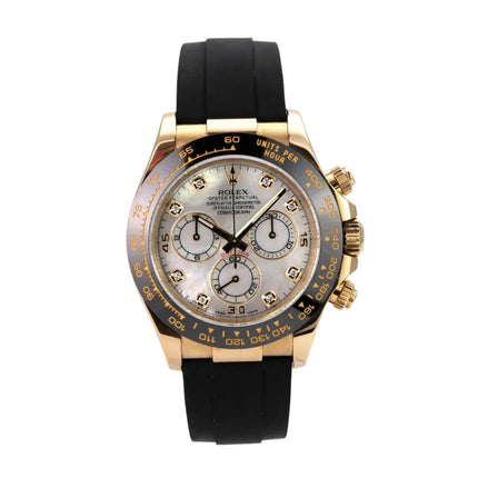Rolex Daytona 116518LN Gelbgold Oysterflex Perlmutt Diamant mit schwarzem Band und Perlmutt-Dial.