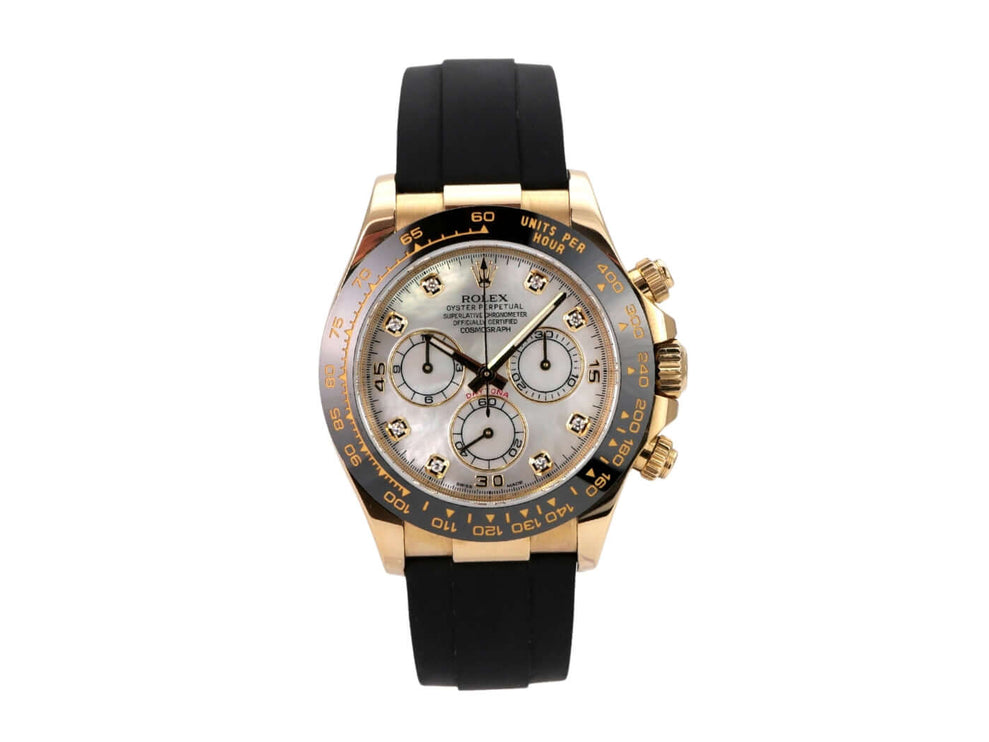 Rolex Daytona 116518LN Gelbgold Oysterflex Perlmutt Diamant mit schwarzem Band und Perlmutt-Dial.
