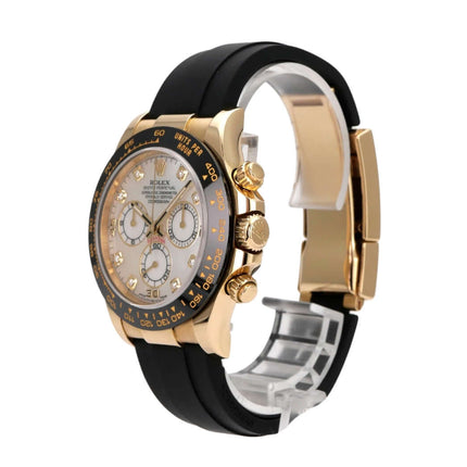 Rolex Daytona 116518LN Gelbgold Oysterflex Perlmutt Diamant seitlich mit schwarzem Band