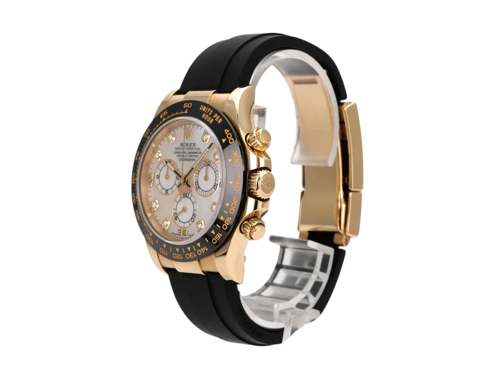 Rolex Daytona 116518LN Gelbgold Oysterflex Perlmutt Diamant seitlich mit schwarzem Band