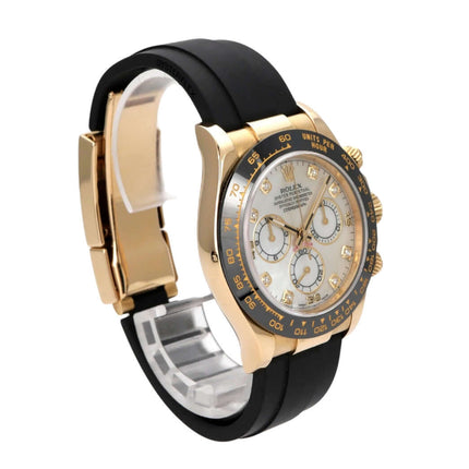 Rolex Daytona 116518LN Gelbgold Oysterflex Perlmutt Diamant - Automatik-Chronograph mit schwarzem Band und Perlmutt-Zifferblatt.