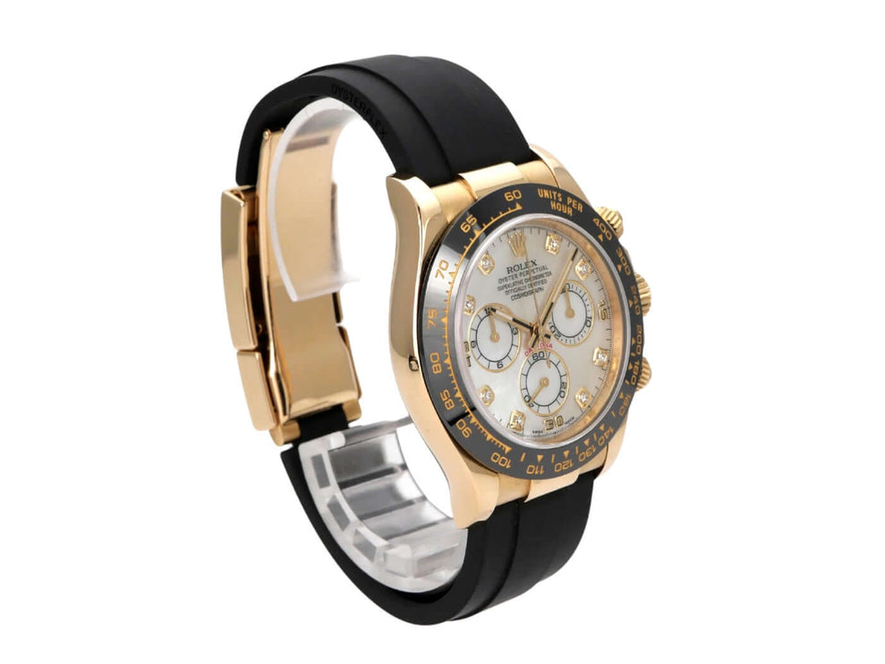 Rolex Daytona 116518LN Gelbgold Oysterflex Perlmutt Diamant - Automatik-Chronograph mit schwarzem Band und Perlmutt-Zifferblatt.
