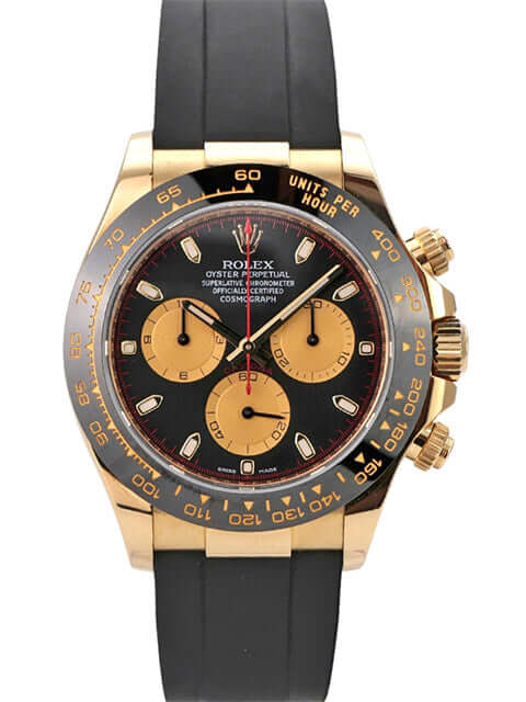 Rolex Daytona 116518LN Gelbgold Oysterflex Schwarz Champagner mit schwarzem Zifferblatt und champagnerfarbenen Totalisatoren.