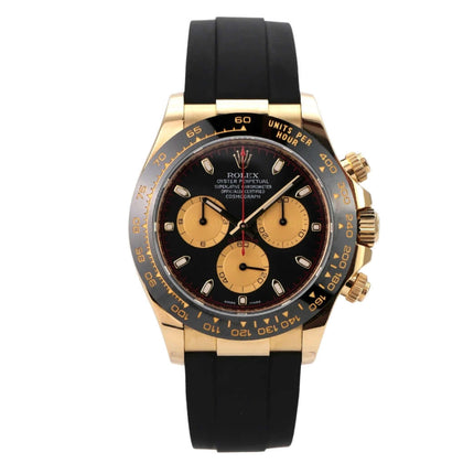 Rolex Daytona 116518LN Gelbgold Oysterflex Schwarz Champagner mit schwarzem Zifferblatt und champagnerfarbenen Totalisatoren.