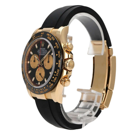 Rolex Daytona 116518LN Gelbgold Oysterflex Schwarz Champagner seitliche Ansicht der Uhr mit schwarzem Band