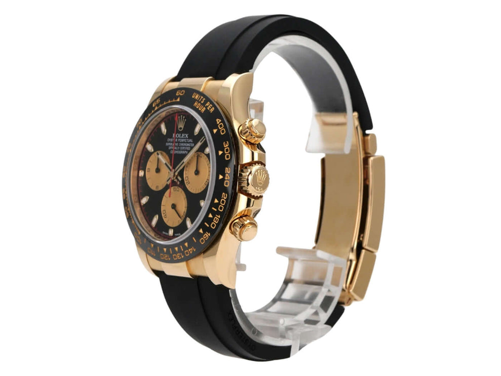 Rolex Daytona 116518LN Gelbgold Oysterflex Schwarz Champagner seitliche Ansicht der Uhr mit schwarzem Band