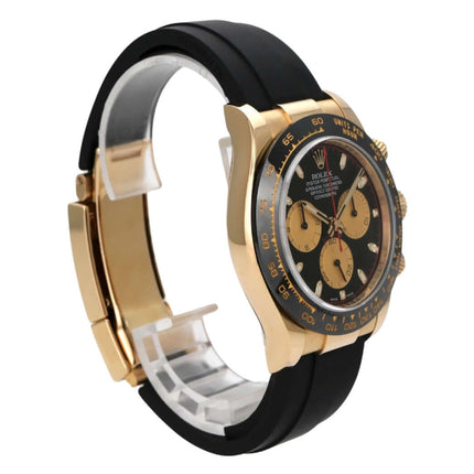 Rolex Daytona 116518LN Gelbgold Oysterflex Schwarz Champagner seitliche Ansicht der Uhr