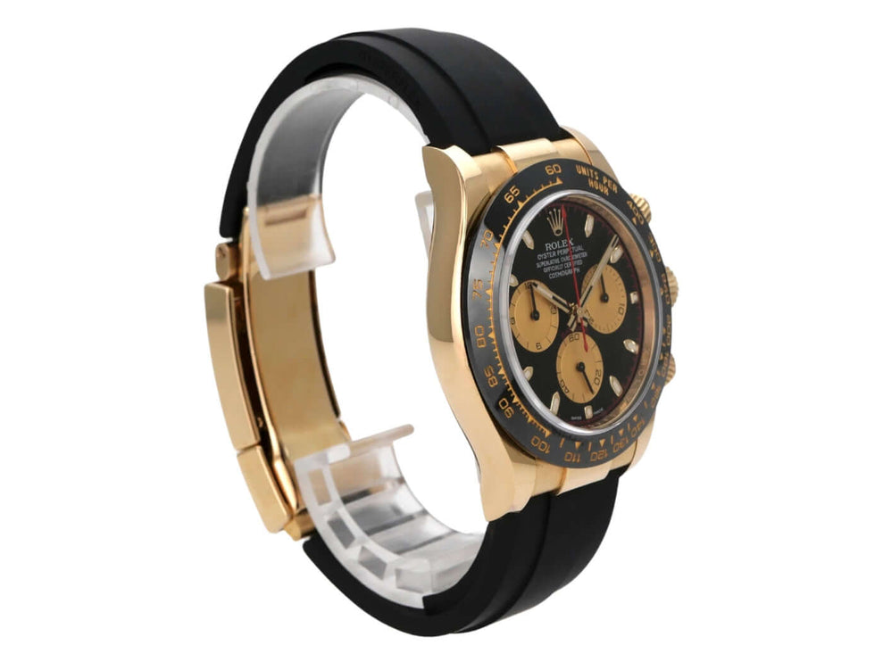 Rolex Daytona 116518LN Gelbgold Oysterflex Schwarz Champagner seitliche Ansicht der Uhr