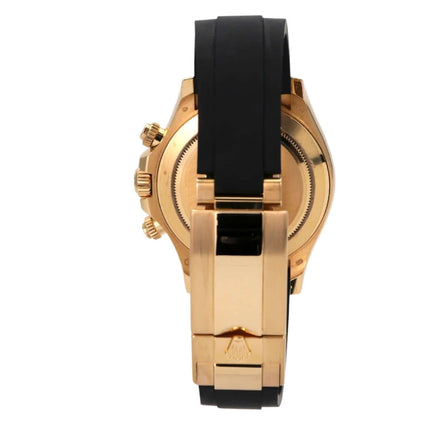 Rolex Daytona 116518LN Gelbgold Oysterflex Schwarz Champagner Rückansicht der Uhr mit schwarzem Band.