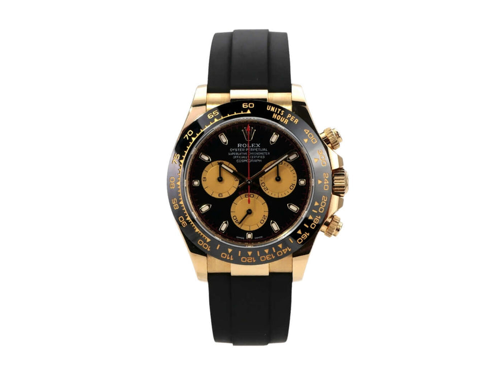 Rolex Daytona 116518LN in Gelbgold mit Oysterflex und schwarzem Zifferblatt, elegantes Design und Automatikwerk.