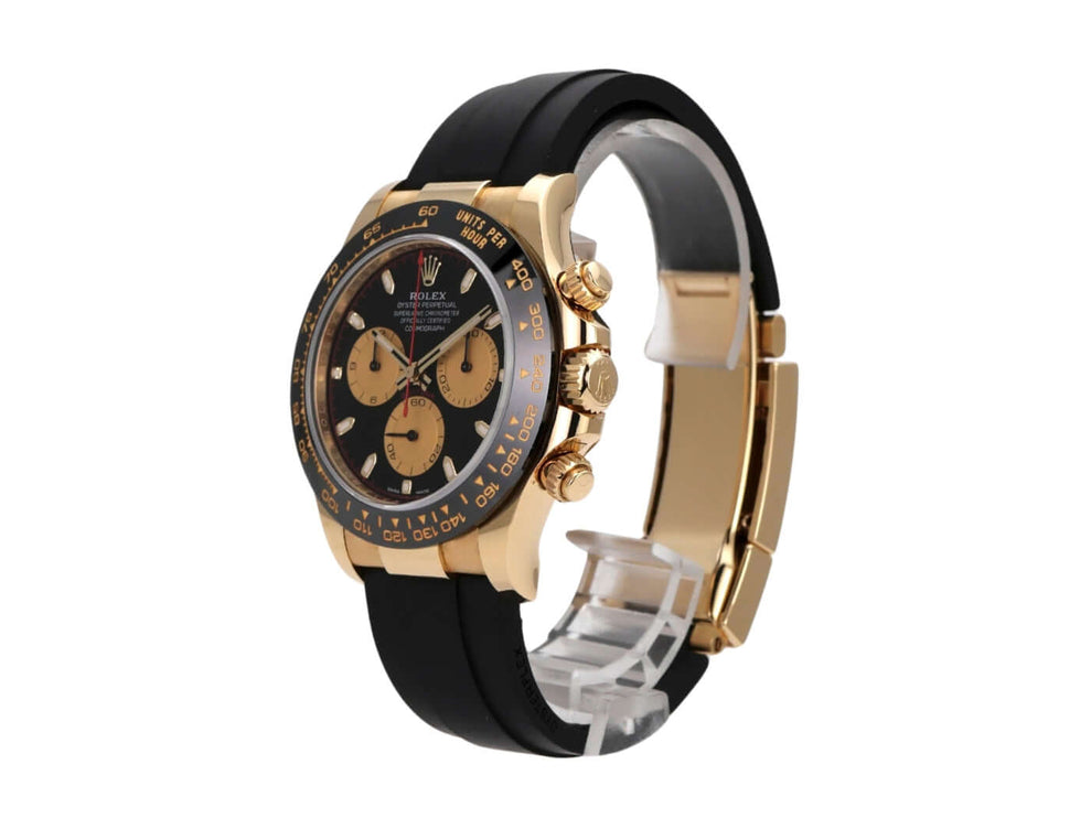 Rolex Daytona 116518LN Gelbgold mit schwarzem Oysterflex-Band und Champagner-Zifferblatt, Automatik-Chronograph.