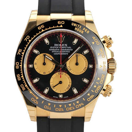 Rolex Daytona 116518LN in Gelbgold mit schwarzem Oysterflex-Band und Champagner-Ziffern, 40 mm Gehäuse.