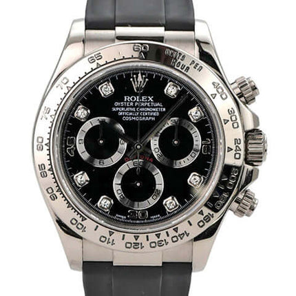 Rolex Daytona 116519 Weißgold Schwarz Diamant mit schwarzem Zifferblatt und Diamanten auf dem Gehäuse.