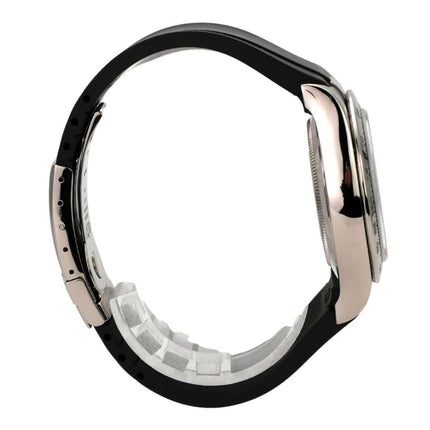 Rolex Daytona 116519 Weißgold Schwarz Diamant seitliche Ansicht mit schwarzem Kautschukband und 18 kt Weißgold Gehäuse.