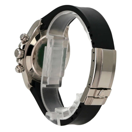 Rolex Daytona 116519 Weißgold Schwarz Diamant Ansicht von der Seite mit schwarzem Kautschukband und 18 kt Weißgold Faltschließe.