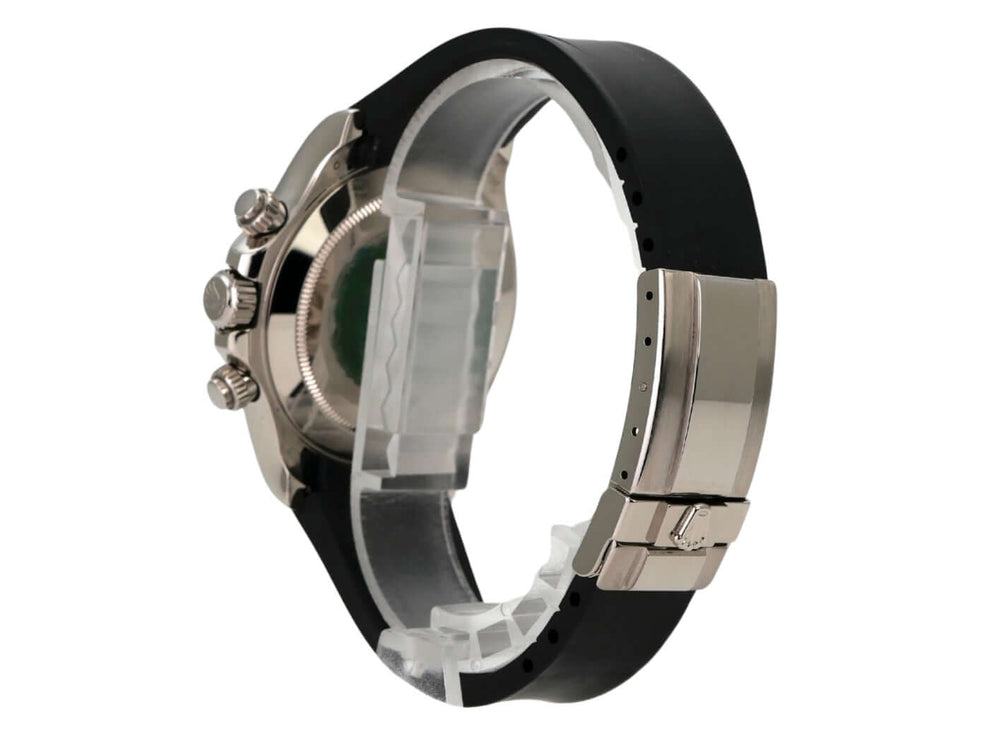 Rolex Daytona 116519 Weißgold Schwarz Diamant Ansicht von der Seite mit schwarzem Kautschukband und 18 kt Weißgold Faltschließe.