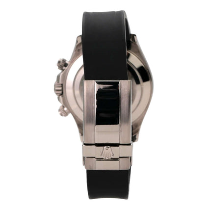 Rolex Daytona 116519 Weißgold Schwarz Diamant Seite mit Kautschukband und Faltschließe.