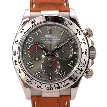 Rolex Cosmograph Daytona 116519 Weißgold Slate, graues Zifferblatt, braunes Lederband und Tachymeter-Lünette