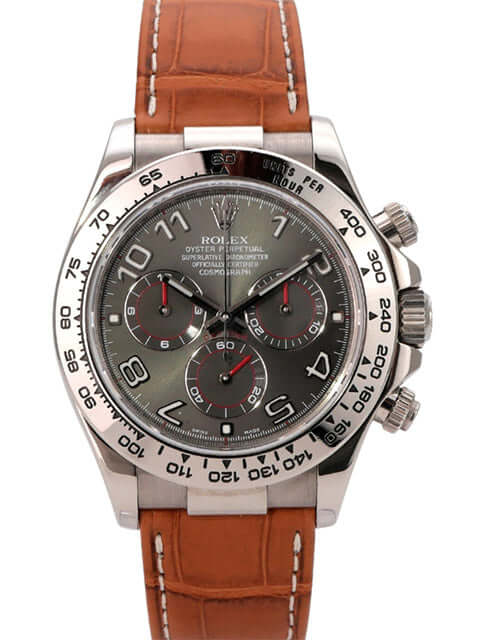 Rolex Cosmograph Daytona 116519 Weißgold Slate, graues Zifferblatt, braunes Lederband und Tachymeter-Lünette