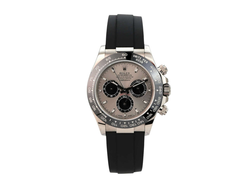 Rolex Daytona 116519LN Weißgold mit schwarzem Oysterflex-Band und grauem Zifferblatt, 2017 Modell.