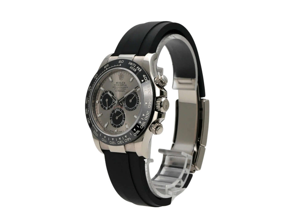 Rolex Daytona 116519LN in Weißgold, Oysterflex Band, graues Zifferblatt und Keramiklünette.