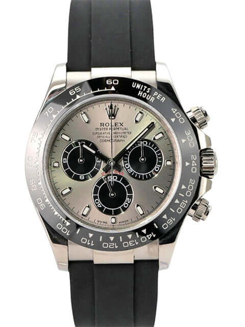 Rolex Daytona 116519LN Weißgold Oysterflex Grau mit grauem Zifferblatt und schwarzem Oysterflex-Band.