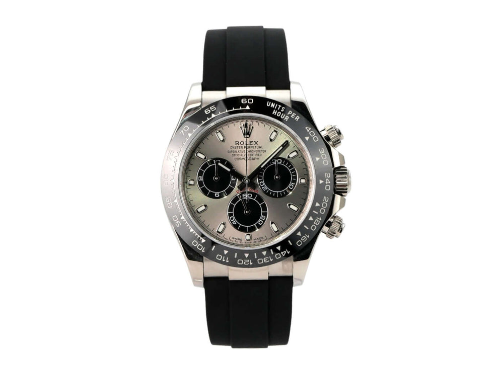 Rolex Daytona 116519LN Weißgold Oysterflex Grau - Graue Luxusuhr mit schwarzem Oysterflex-Band und Keramik-Lünette.
