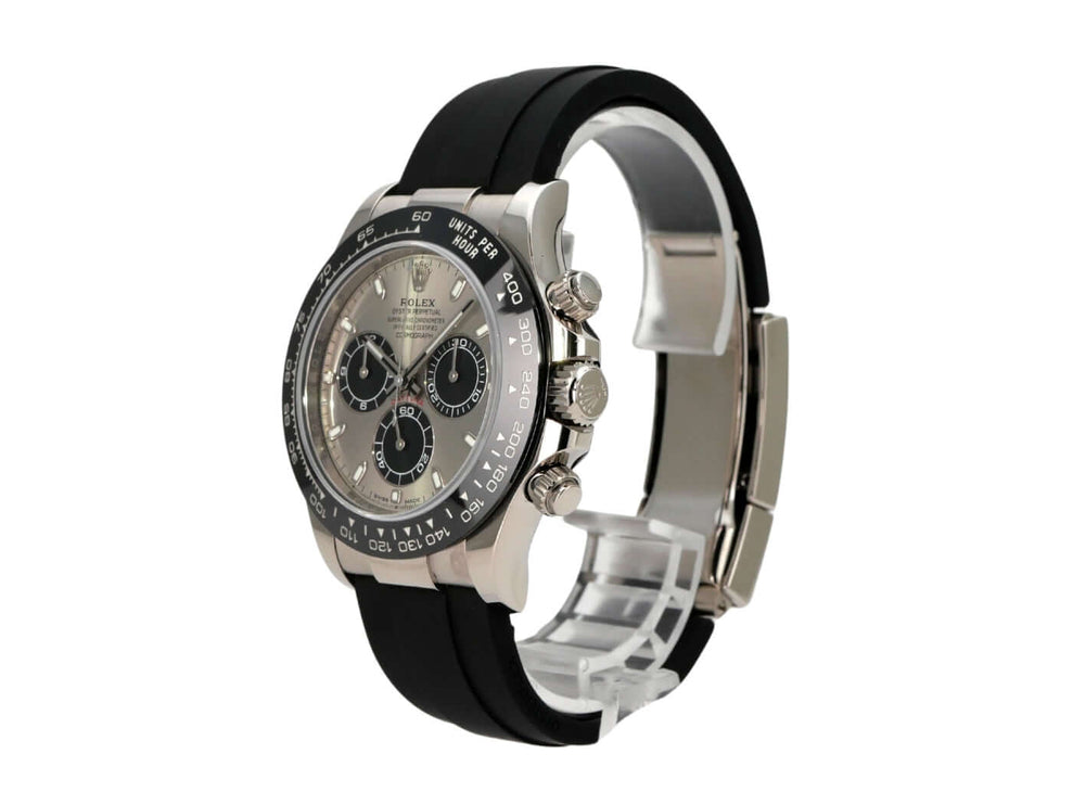 Rolex Daytona 116519LN Weißgold Oysterflex Grau Uhr mit schwarzem Band und grauem Zifferblatt