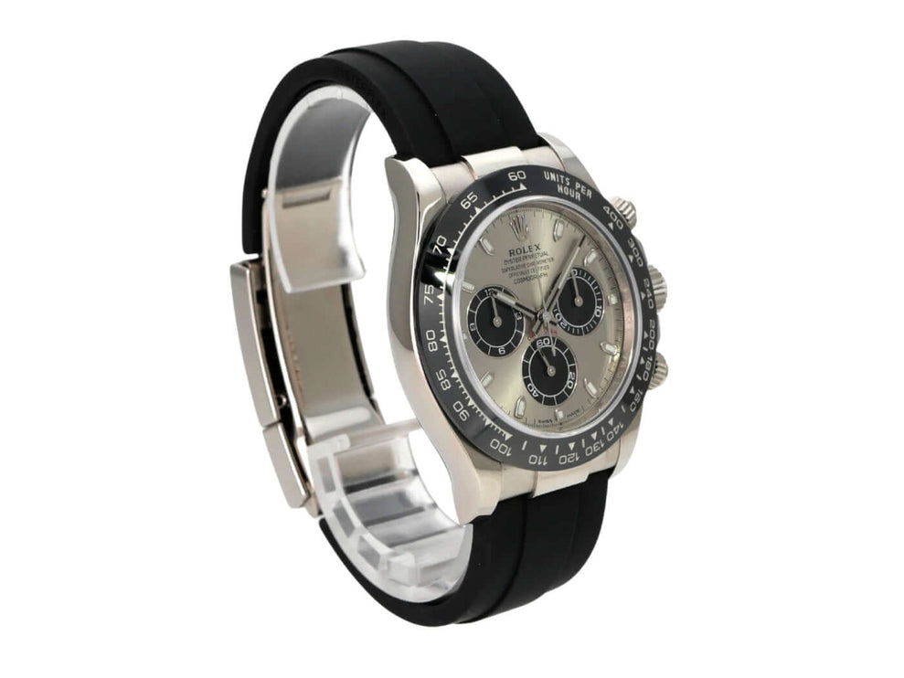 Rolex Daytona 116519LN Weißgold Oysterflex Grau seitliche Ansicht der Uhr mit schwarzem Band und grauem Zifferblatt.