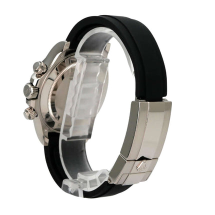 Rolex Daytona 116519LN Weißgold Oysterflex Grau seitliche Ansicht mit schwarzem Oysterflex-Band und faltschließe