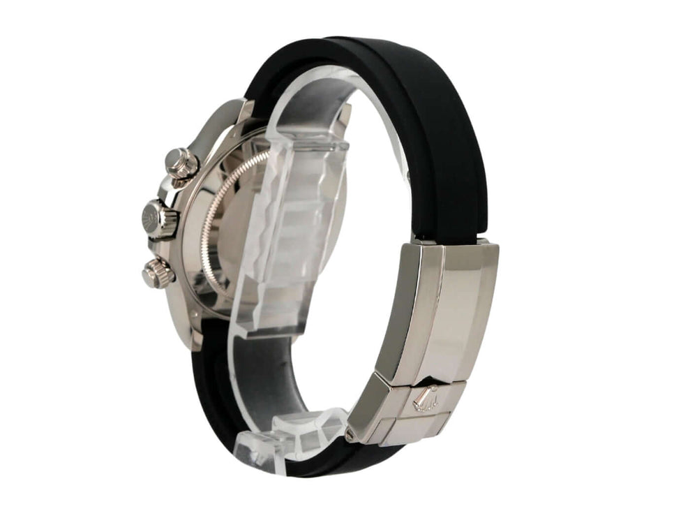 Rolex Daytona 116519LN Weißgold Oysterflex Grau seitliche Ansicht mit schwarzem Oysterflex-Band und faltschließe