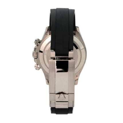 Rolex Daytona 116519LN Weißgold Oysterflex Grau, Ansicht der Rückseite mit schwarzem Band.