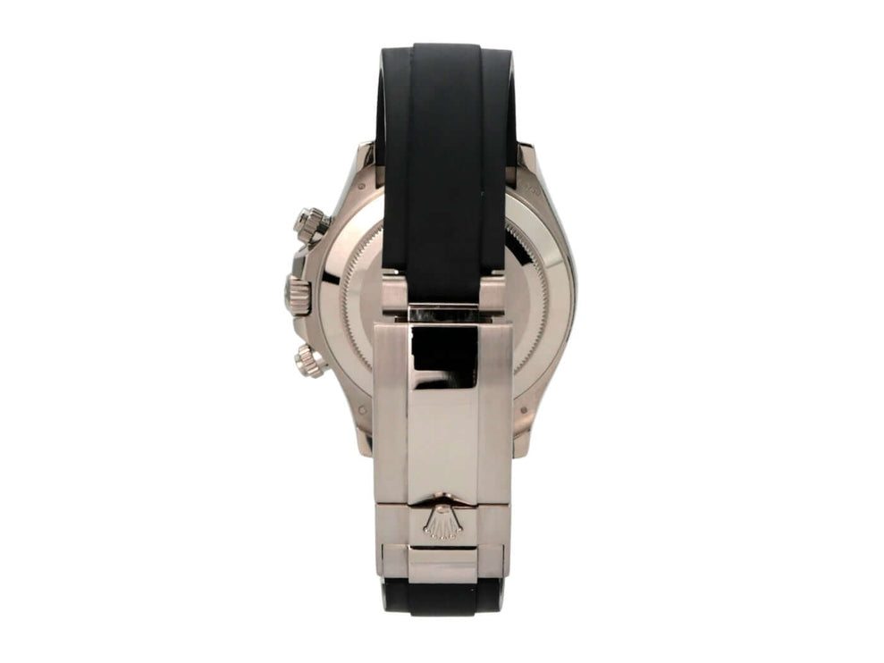 Rolex Daytona 116519LN Weißgold Oysterflex Grau, Ansicht der Rückseite mit schwarzem Band.