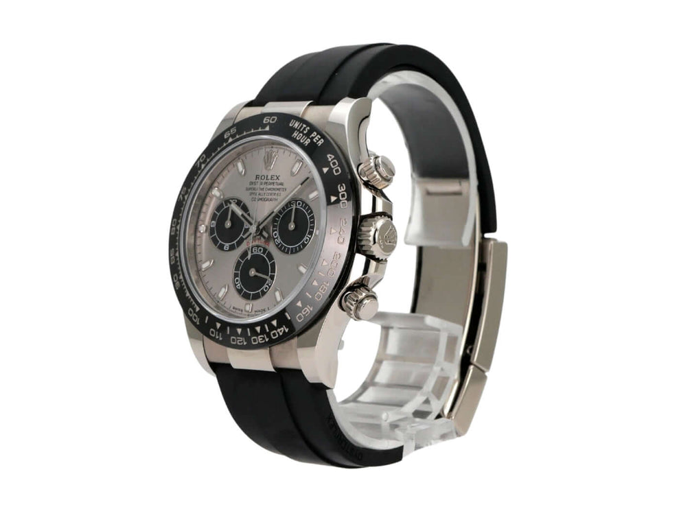 Rolex Daytona 116519LN Weißgold Oysterflex Grau auf schwarzem Oysterflex-Band mit grauem Zifferblatt.