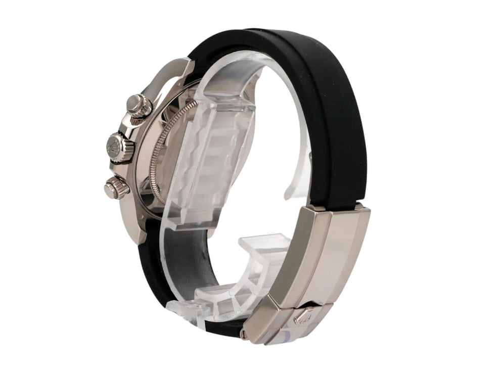 Rolex Daytona 116519LN Weißgold Oysterflex Grau Armbanduhr seitliche Ansicht mit schwarzem Oysterflex-Band