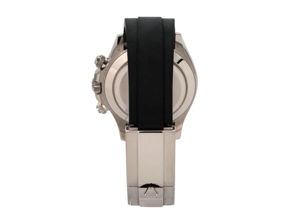 Rolex Daytona 116519LN Weißgold Oysterflex Grau Rückansicht mit schwarzem Band und Weißgold Gehäuse