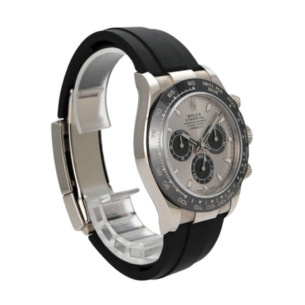 Rolex Daytona 116519LN in Weißgold mit Oysterflex-Band und grau-em Zifferblatt, elegante Automatik-Uhr.